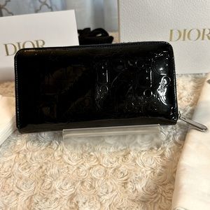 Dior zippy long wallet Lambskin Vernis leather oblique pattern Full Incl…